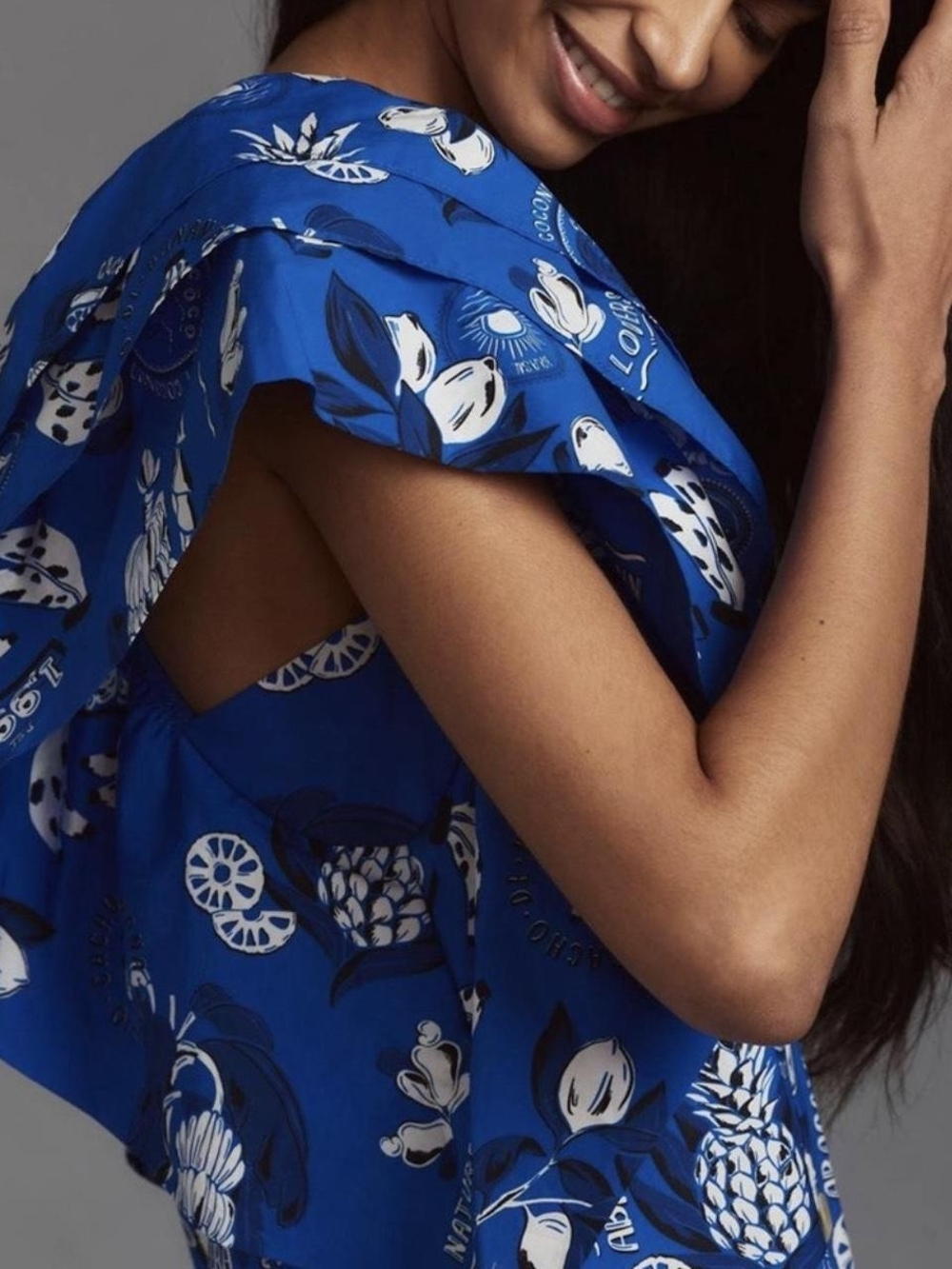 FARM Rio Flutter-Sleeve Babydoll Mini Dress- Blue Fruit Print - Picture 3 of 9